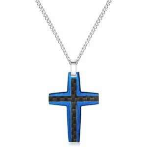 ✨Men's Two-Tone Black & Blue Stainless Steel Carbon Fiber Cross Necklace Jewelry